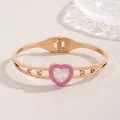 Bracelet coeur de style français en or rose avec émail rose et incrustation en nacre pure - Or rose