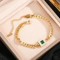 Gold plated stainless steel Cuban chain bracelet with emerald green stone and zircons - Emerald Pave Bracelet (S4113) / Gold