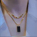 Double-layered gold necklace with flat snake chain and black rectangular pendant - Double-layered Style / Gold