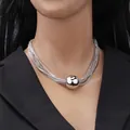 Multi-layer silver chain necklace with a bold polished sphere pendant for women - Ball Multi-layer Necklace / Silver