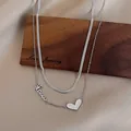 Silver double-layer titanium necklace with Love letters and heart pendant on satin - Silver