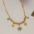 Gold bohemian necklace featuring Tree of Life charms and turquoise sun pendant accents - Titanium Steel Vintage Sunflower Necklace