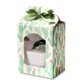 Green gift box with cactus pattern, transparent window and elegant ribbon bow - Cactus