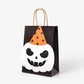 Black Halloween paper gift bag with ghost pumpkin pattern and brown rope handle - Pumpkin Pattern