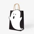 Black Halloween paper gift bag with white cartoon ghost print and kraft paper handles - Large Ghost Pattern