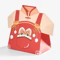 Chinese New Year Tang suit candy box with cute lion motif and traditional red silk knots - Auspicious Suspenders