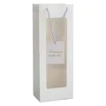 Vertical white paper gift bag with a large clear window and blue-white braided handles - Small / White