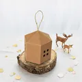 Brown house-shaped gift box with twine handle and hollow window on a wooden base - 8.5*8.5*6.5cm (10 Pieces/Pack) / Original Color
