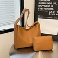 Brown minimalist tote bag set including large hobo shoulder bag and matching pouch - Yellow Brown