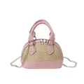 Mini sac coquillage en cuir rose et paille tressée avec poignée et chaîne - Rose