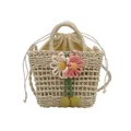 Handwoven summer straw handbag in cream white with decorative floral charms and drawstring - Beige with Charm