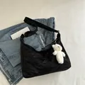 Black pleated texture large shoulder bag with cute white plush bear pendant for casual style - With Pendant / Black