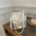 Chinese style jacquard canvas tote bag with pink floral embroidery and pearl tassel - Traditional Painting White