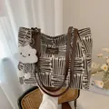 Minimalist geometric canvas tote bag with brown leather strap and cloud charm - Coffee with Pendant
