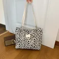 Bohemian tote bag with black and white leopard print and white slim shoulder straps - Beige