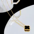 Classic 18K gold clover necklace with black shell inlay and intricate beaded edges - Double-Sided Four-Leaf Clover Style (8853) / Black