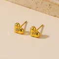 Gold stainless steel heart stud earrings with zircon sunburst detail on beige stone - Zirconia Inlaid Heart Stud Earrings (E102)