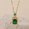 Collier émeraude vintage avec pierre précieuse rectangulaire et chaîne dorée ajourée - Collier Vert Émeraude (T0040A)