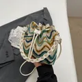 Bohemian knit bucket bag with green and blue wave patterns and cream drawstring - With Ornament / Off White