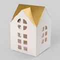 White cardstock gift box with a metallic gold roof and intricate laser-cut windows - Large Style (HB0042) / 10 Pieces Pack / White with Gold Top