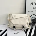 Japanese style cream white crossbody bag with fashion patch and dual buckle closure - Off White