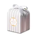 Elegant French striped gift box with gold foil accents and a white satin ribbon bow - 8x8x10.5cm / Grey Stripe