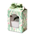 Folding paper gift box with clear PVC window and green cactus print plus ribbon bow - Cactus