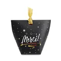 Elegant black Merci gift box with gold star pattern and ribbon handle for wedding favors - Black Merci with Gold Ribbon