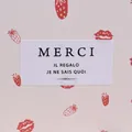 Close-up of rectangular chocolate stickers with red strawberries, lips, and Merci text - White Background Songti Strawberry Pattern (HB30020) / 5x2.5cm