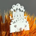 3D white cutout greeting card with Holiday Day text balloons and heart silhouette - Happy Birthday Cake Style