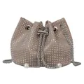 Glinsterende bucket bag met strass steentjes en zilveren ketting met parels op witte achtergrond - Khaki