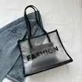 Transparent PVC tote bag in black with FASHION print and internal leather pouch - Black