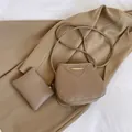 Retro khaki leather shoulder bag set with matching coin purse and golden V-shaped hardware - Khaki With Coin Purse