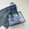 Blue leather trim tote bag in translucent PVC with matching inner pouch and fashion print - Blue