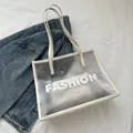 White semi-transparent PVC tote bag with FASHION print and matching inner pouch - White