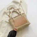 Schicke beige Flecht-Tasche mit brauner Ledertasche und Baumwollseilgriffen für den Sommer - Khaki