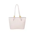 Sac cabas minimaliste en similicuir beige avec de longues anses et lettrage doré - Blanc Cassé