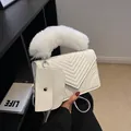 White V-quilted faux leather handbag with plush fur handle and mini pouch attachment - Off White