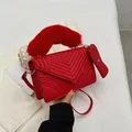 Red quilted crossbody bag with plush faux fur handle and matching mini coin purse - Red