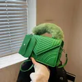 Bright green quilted PU leather handbag with plush handle and detachable mini pouch - Green