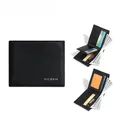 Detail view of black pebble leather wallet showing functional card slots and photo window - Black Lychee Texture (N8025-001)