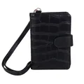 Portable black crocodile embossed passport holder and travel document wallet with neck strap - Black