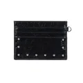 Minimalist black card holder with cracked leather texture and silver studs - Black