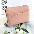 Pink litchi grain leather accordion card holder wallet with silver zipper closure - Pink