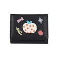 Cute black lychee texture tri-fold wallet with apple embroidery and 3D bow accent - Black