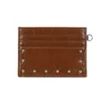 Brown rivet card holder in crinkled leather with multiple slots and silver D-ring - Coffee