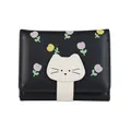 Damen-Brieftasche in Schwarz mit Blumenmuster und süßem weißem Katzen-Verschluss - Schwarz