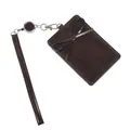 Porta badge in pelle PU marrone scuro con fiocco decorativo e cordino retrattile argento - caffè