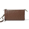 Classic woven brown faux leather clutch bag with golden lettering and wrist strap - Brown