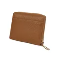 Short lychee textured caramel leather wallet with gold zipper and front card slot - Brown